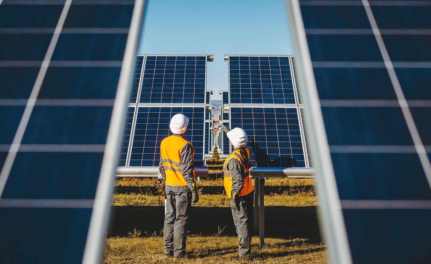 two people inspecting solar panels